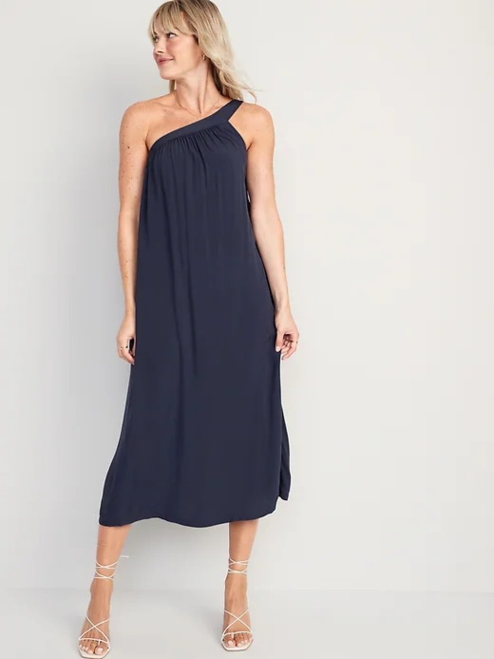 One-Shoulder Black Midi Dress with Pockets